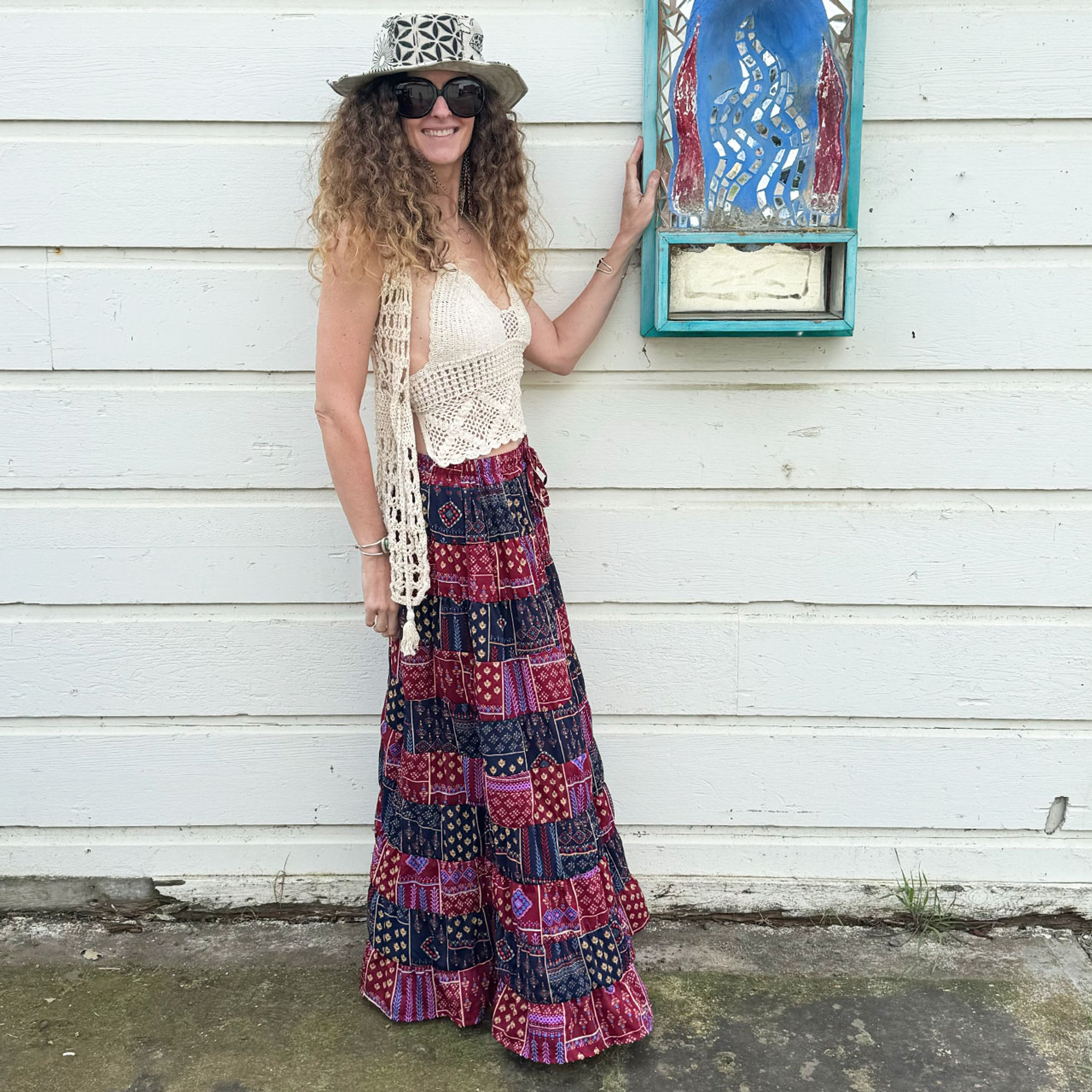 TEA FOR TWO MAXI SKIRT - Rayon Crepe Faux Patchwork Print Elastic Waist Tiered Maxi Skirt Combo Patch Marn/Blu