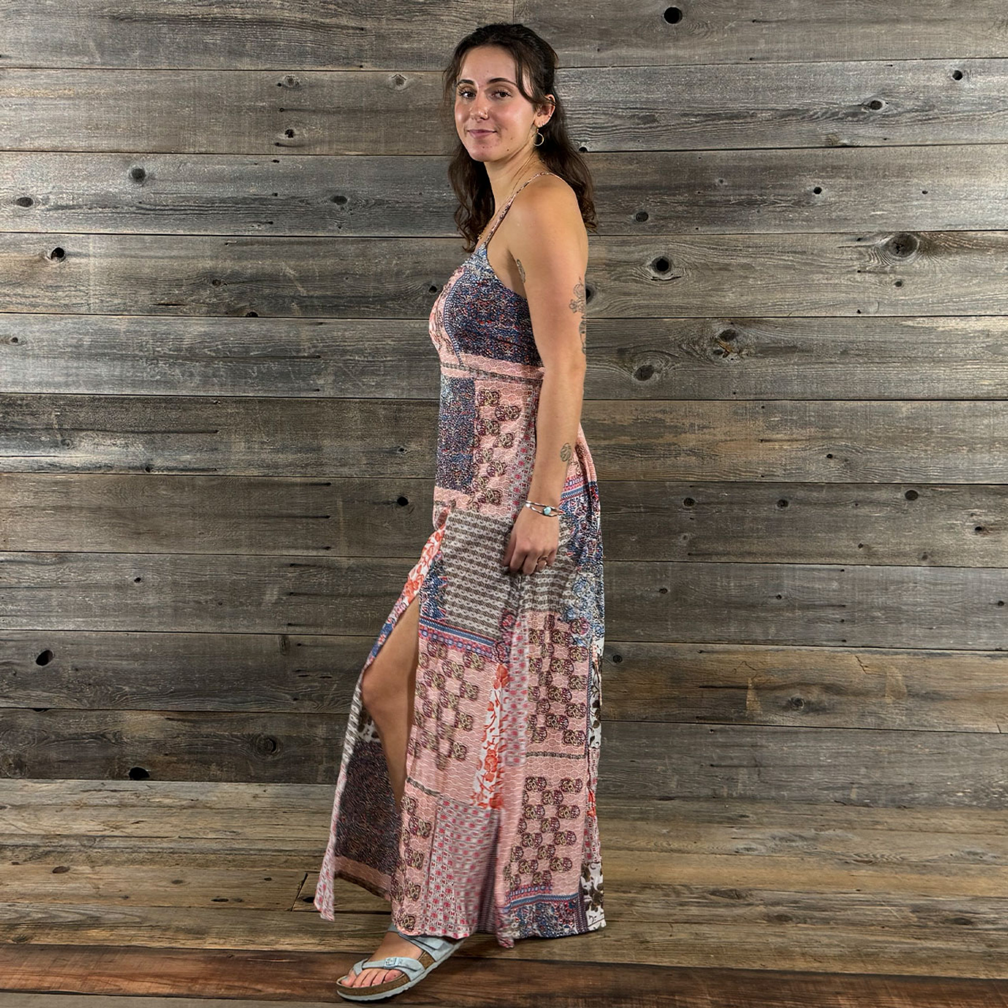 WALK IN THE PARK DRESS - Rayon Pastel Faux Patchwork Print Maxi Dress