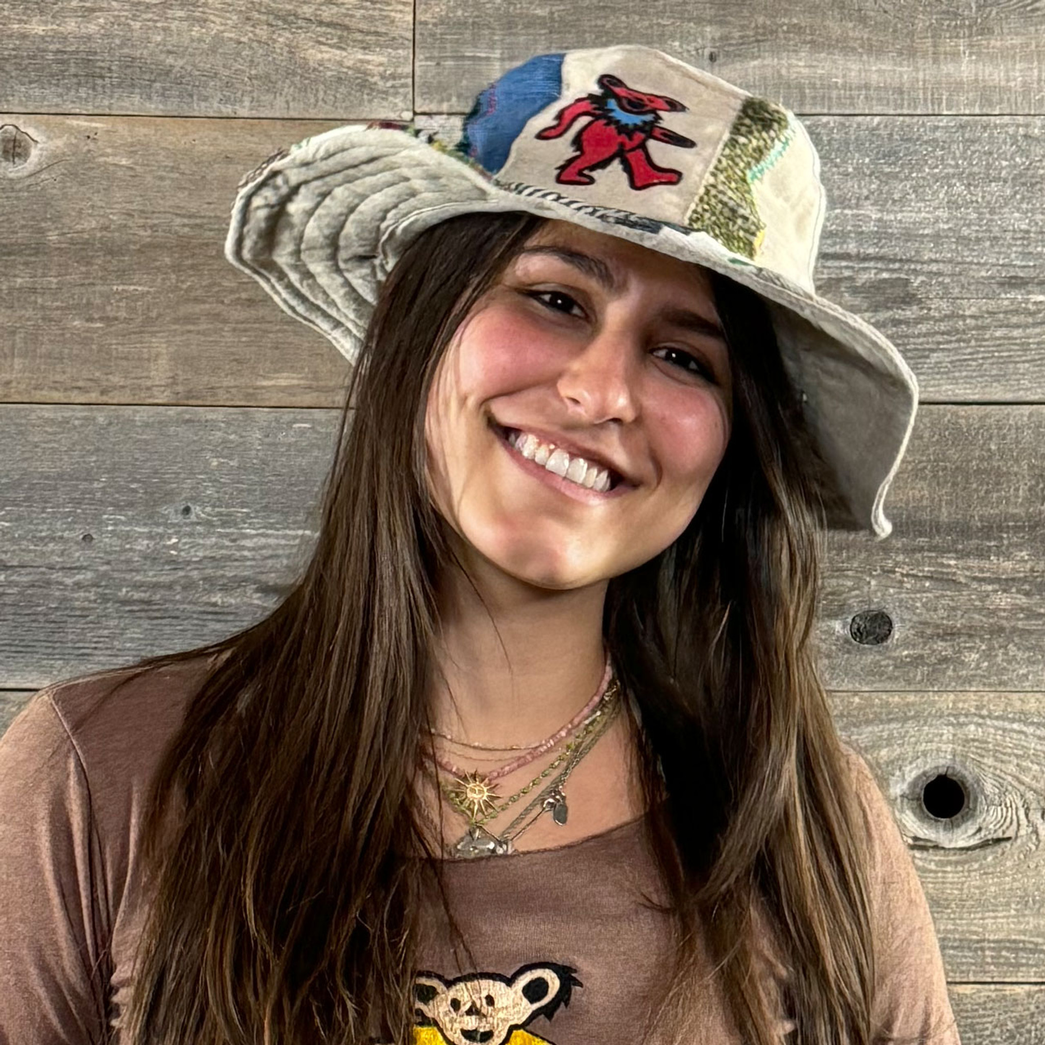 Cotton & Hemp Patchwork Floppy Hat w/ Bear Print Assorted