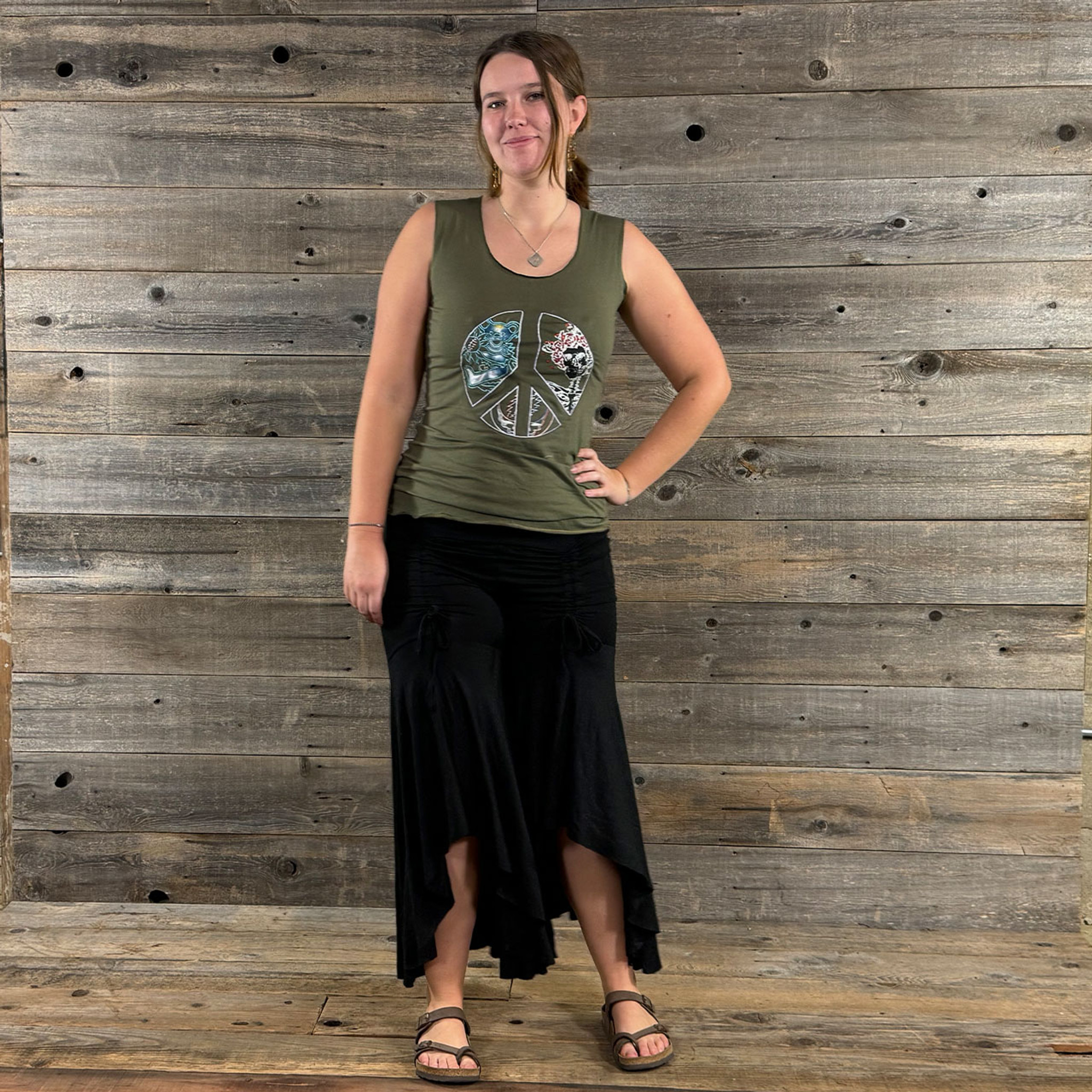 PEGGY-O TOP Cotton Lycra Stonewash Peace Print w/ Grateful Dead Bear - Bertha - Steal your Face Print & Embroidery Tank Top