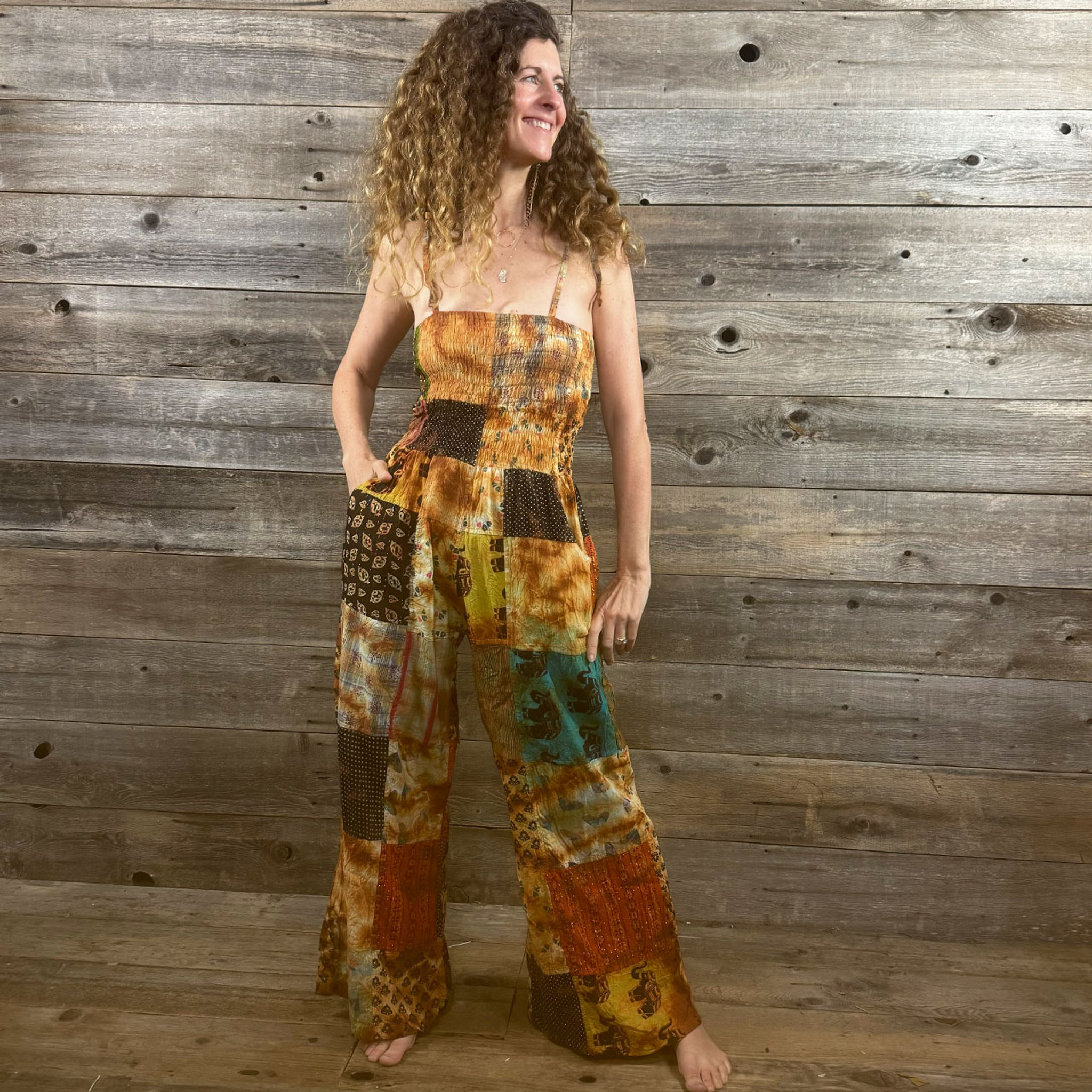 RHAPSODY JUMPSUIT Jaypuri Patchwork Cotton Tie Dye Top Wide Leg Jumpsuit