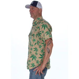 BOOMER SHIRT Cotton Short Sleeve Button Up Shirt w/ Pot Leaf & Mushroom Print