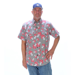 BOOMER SHIRT Cotton Short Sleeve Button Up Shirt w/ Pot Leaf & Mushroom Print