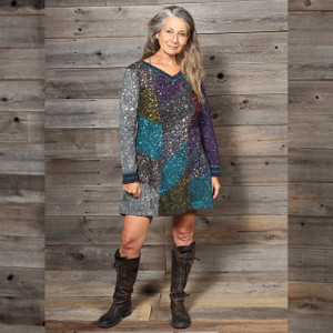 STAR GAZER DRESS Sinker Cotton Patchwork V Neck Long Sleeve Mini Dress w/ Splatter Teal