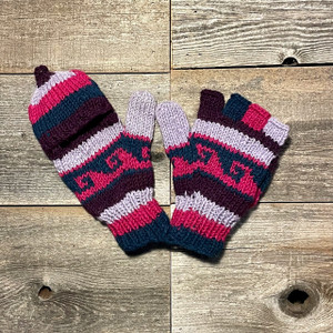 Wool Knit Convertible Mittens In Purples With Fleece Lining