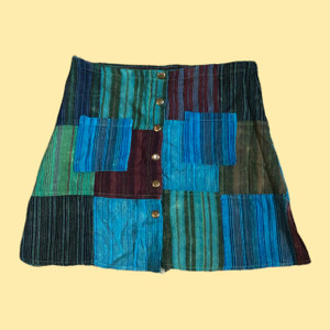 BERKELEY SKIRT Cotton Striped Patchwork Snap Up Mini Skirt w/ Pockets