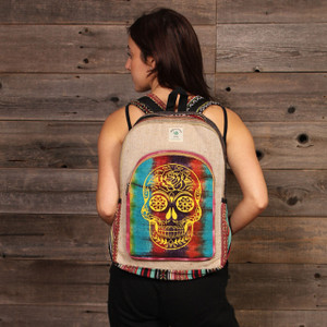Hemp Cotton Patchwork Tie Dye Regular Backpack w/ Sugar Skull Print
