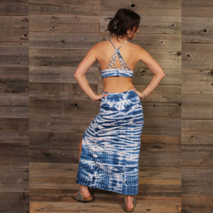 MAKING WAVES DRESS/SKIRT Cotton Lycra Blue & White Tie Dye Midi Dress w/ High Front Slit/ Long Skirt