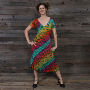 IN THE BRIGHT LIGHT SHORT DRESS Rayon Spandex Short Sleeve Short Dress Green Rainbow Tie Dye