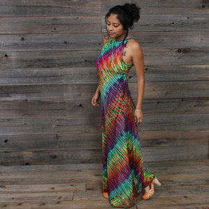 IN THE BRIGHT LIGHT MAXI DRESS Rayon Spandex Maxi Dress w/ Spaghetti Tie Back Straps  Green Rainbow Tie Dye