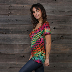 IN THE BRIGHT LIGHT FRINGE  Rayon Spandex Criss Cross Back Short Sleeve Top Green Rainbow Tie Dye