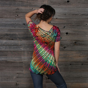 IN THE BRIGHT LIGHT FRINGE  Rayon Spandex Criss Cross Back Short Sleeve Top Green Rainbow Tie Dye