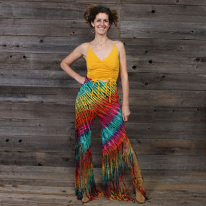 IN THE BRIGHT LIGHT FRINGE PANTS Rayon Spandex Fringe Cut Pants Green Rainbow Tie Dye