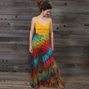 IN THE BRIGHT LIGHT FRINGE PANTS Rayon Spandex Fringe Cut Pants Green Rainbow Tie Dye