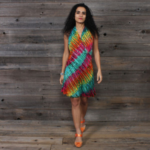 IN THE BRIGHT LIGHT MINI DRESS Rayon Spandex Halter Mini Dress Green Rainbow Tie Dye