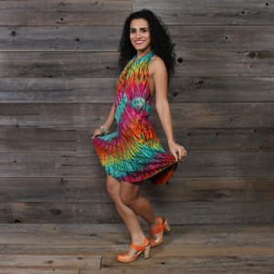 IN THE BRIGHT LIGHT MINI DRESS Rayon Spandex Halter Mini Dress Green Rainbow Tie Dye