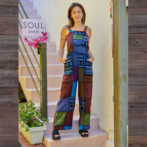 IN THE GROOVE OVERALLS Mixed Patchwork Wide Leg Overall's w/ Back Elastic Loop Straps