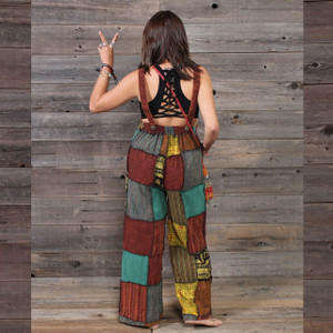 IN THE GROOVE OVERALLS Mixed Patchwork Wide Leg Overall's w/ Back Elastic Loop Straps