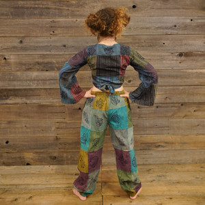 ON THE BLOCK HAREM PANTS Fine Cotton Patchwork w/ Block Print Harem Pants w/ Elastic Waist &  Pockets