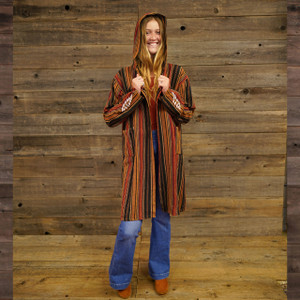 GOIN' DOWN THE LINE JACKET Striped Heavy Cotton Hooded Long Jacket w/ Back Grateful Dead Streal Your Face Applique'