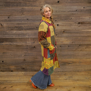 LET IT BE JACKET Overdye Cotton Patchwork Button Up Long Jacket w/ Front Pockets & Fleece Lining