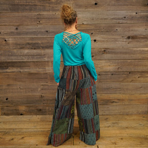 EASY RIDER WIDE PANTS Heavy Cotton Gherri + Print Patchwork Super Wide Leg Pants w/ Back Elastic & Pockets