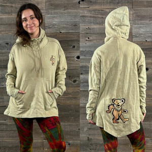 LIVIN' A GOOD LIFE HOODIE Stonewashed Sweatshirt Fleece Extra Long Pull Over Hoodie w/ Front Pouch Pocket & Back Mushroom, Grateful Dead Bear or Steal Your Face Applique'