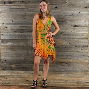 ORANGE SUNSHINE SHORT DRESS Rayon Spandex  Tie Dye Fairy Cut Cinch Short Dress