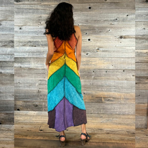 HAPPY DAY MAXI DRESS Stonewash Sinker Cotton  Rainbow Panel Patchwork Maxi Dress w/ & Pico Hem