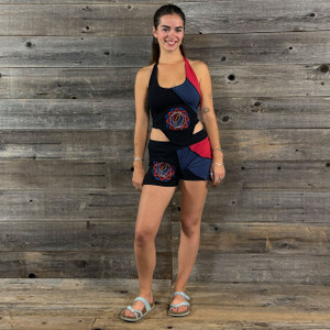 WEST LA SHORTS Cotton Lycra Solid Paneled w/ Grateful Dead Steal Your Face Mandala & Bolt Embroidery Booty Shorts Black