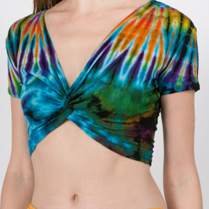 CALICO TOP Rayon Spandex Cap Sleeve Twist Front Crop Top-Mudmee