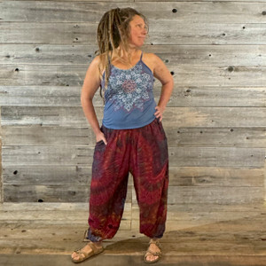 EARTH SONG Flat Rayon Mudmee Tie Dye Elastic Waist Harem Pants w/ Inside Pockets