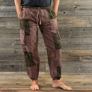 ON THE BUS PANTS  Grateful Dead Men's Cotton Patchwork Solid & GD Print Cargo Pants Sky/Grey/Tan