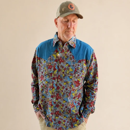SILLY SIMON THE FUN GUY SHIRT Men's Cotton Retro Mushroom Print Long Sleeve Button Up Shirt