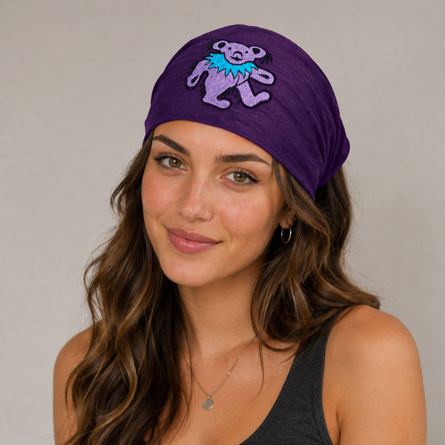  Cotton Stonewashed Grateful Dead Embroidered Bear Headband With Hand Embroidery - Sold Singly