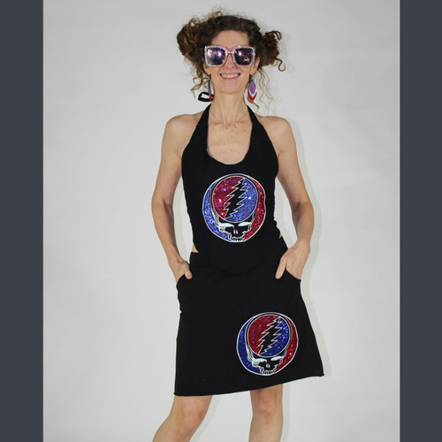 IN THE DARK TOP Cotton Lycra Chest Cover Up w/ Sequin Grateful Dead Steal Your Face Applique' • Black • One Size- Plus Size IN THE DARK TOP Cotton Lycra Chest Cover Up w/ Sequin Grateful Dead Steal Your Face Applique' • Black • One Size- Plus Size