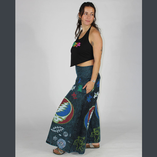 710 ASHBURY PANTS Cotton Stonewash w/ Grateful Dead Steal Your Face & Bear Print Wide Leg Pants w/ Back Elastic & Pockets