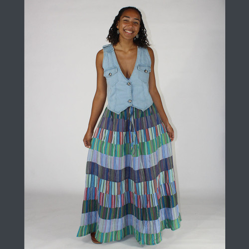ISLAND HAZE MAXI SKIRT Cotton Striped Paneled Maxi Skirt w/ Elastic & Drawstring Waist