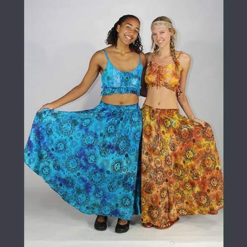 COSMIC HUES MAXI SKIRT Cotton Sun Moon Print Tie Dye Belly Skirt w/ Elastic Waist , Drawstring & Pockets