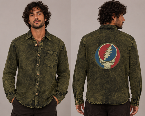 UNCLE JOHN SHIRT Cotton Enzyme Washed Long Sleeve Button Up Collar Shirt w/ Large Grateful Dead Steal Your Face Print & Bolt Buttons