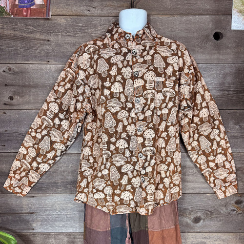 PABLO SHIRT Cotton Enzyme Washed Long Sleeve Button Up Collar Shirt w/ Multi Mushroom  Print & Mushroom Buttons PABLO SHIRT Cotton Enzyme Washed Long Sleeve Button Up Collar Shirt w/ Multi Mushroom  Print & Mushroom Buttons