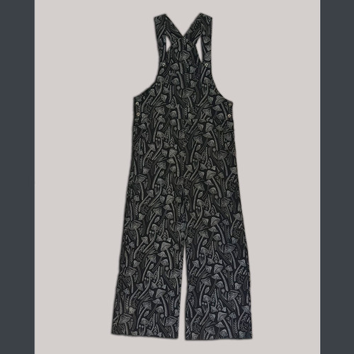 MAGIC CAP OVERALLS Cotton 5 Pocket Wide Leg Overalls w/ Multi Mushroom Print & Mushroom Buttons