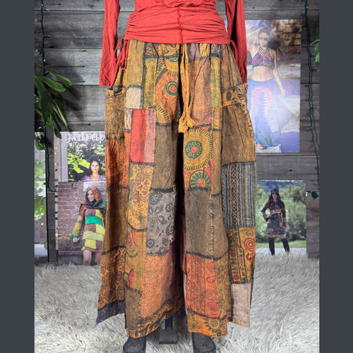 EARTH MAMA PANTS Cotton Patchwork Super Wide Leg Pants  w/ Elastic Drawstring Waist & Pockets
