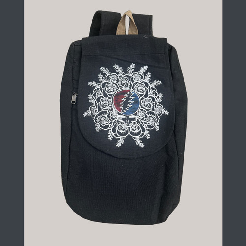 GRATEFUL DEAD BACKPACK Cotton Long Backpack Double Pocket w/ Grateful Dead Steal Your Face Rose Embroidery