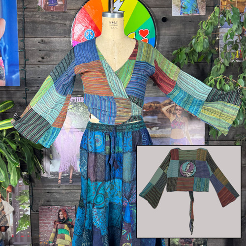 SUGAREE COVER UP Cotton Patchwork Wrap Top w/ Grateful Dead Steal Your Face Embroidey SUGAREE COVER UP Cotton Patchwork Wrap Top w/ Grateful Dead Steal Your Face Embroidey