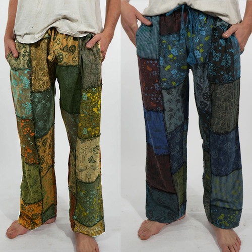 SHROOMSCAPE PANTS Cotton Stonewash Mushroom Print Patchwork w/ Outer Stitching Button  Elastic Drawstring  Waist 3 Pocket Men's Patchwork Pants