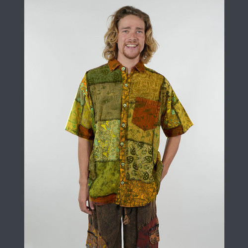 SHROOMSCAPE SHIRT Cotton Stonewash Mushroom Print Patchwork w/ Outer Stitching Button Up Men's Collar Shirt w/ Chest Pocket & Bolt Buttons