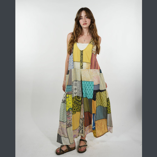 TALLULAH'S PARTY JUMPSUIT Cotton Solid & Print Patchwork Bucket Jumper w/ Outer Pockets