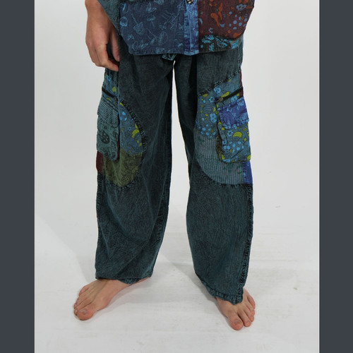 SHROOMSIDE PANTS Cotton Stonewash Elastic Drawstring  Waist  Mushroom Print Patchwork 7 Pocket Men's Pants Solid w/ Patchwork Detail & Piping