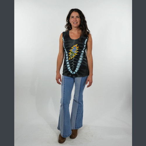 LACEY LIGHTENING TOP Cotton Spandex Stonewash & Tie Dye Tank Top w/ Grateful Dead Bolt & Rose Embroidery